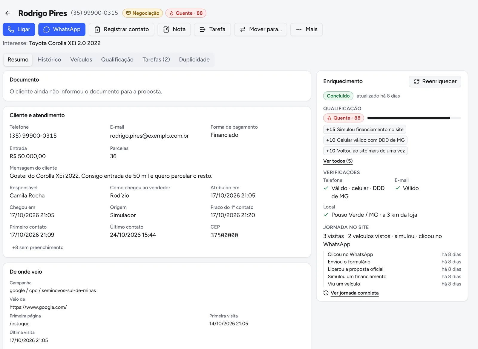 Contato no Lautto: dados do cliente, nota de qualificação e a jornada dele no site da loja