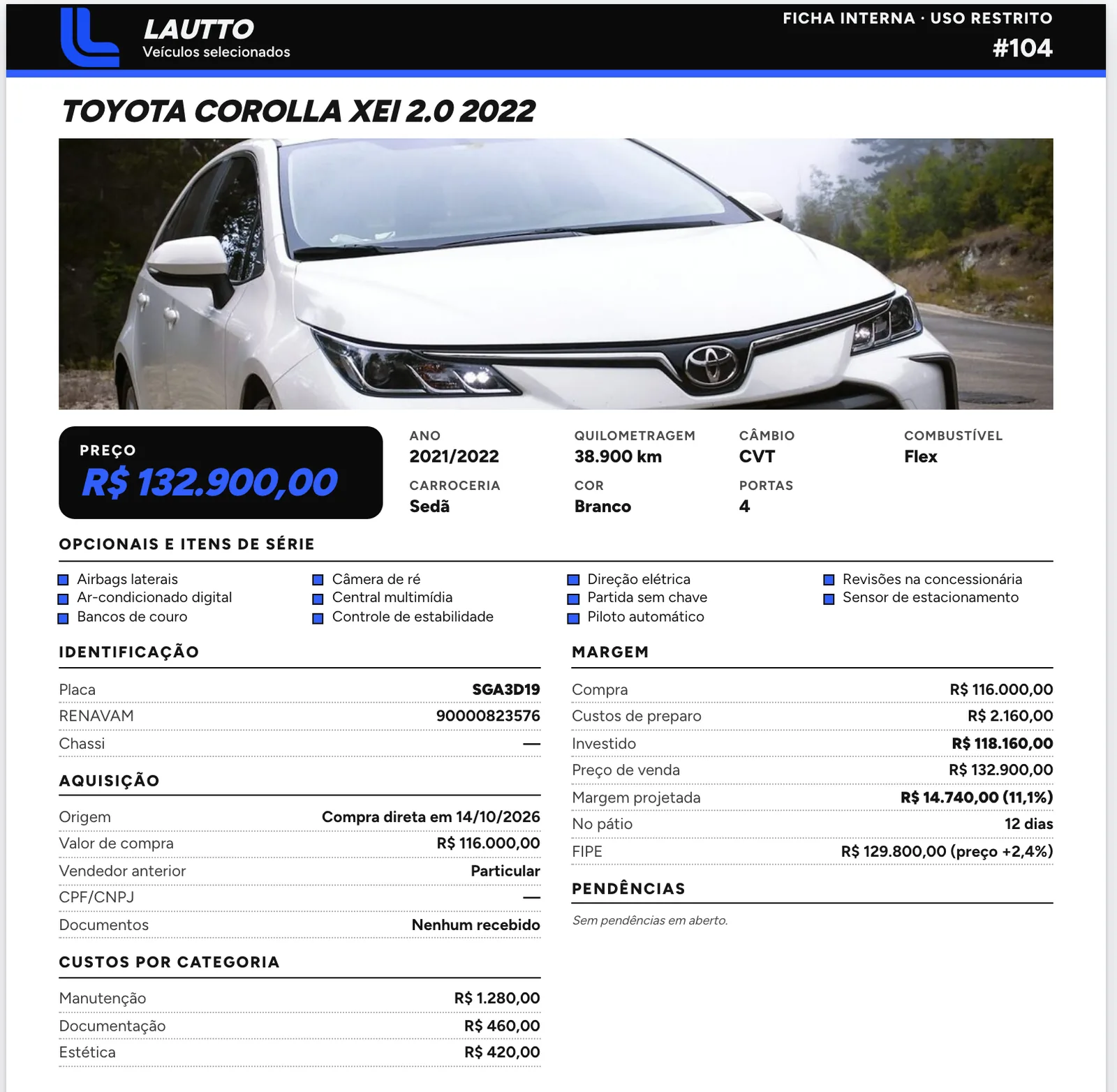 Ficha interna de um Corolla XEi 2022 no Lautto: compra, custos de preparação, preço e margem projetada